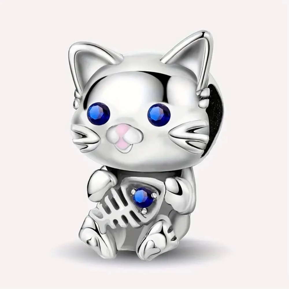Sterling Silver Fishbone Cat Charm with Blue Accents - Picture 10 of 11
